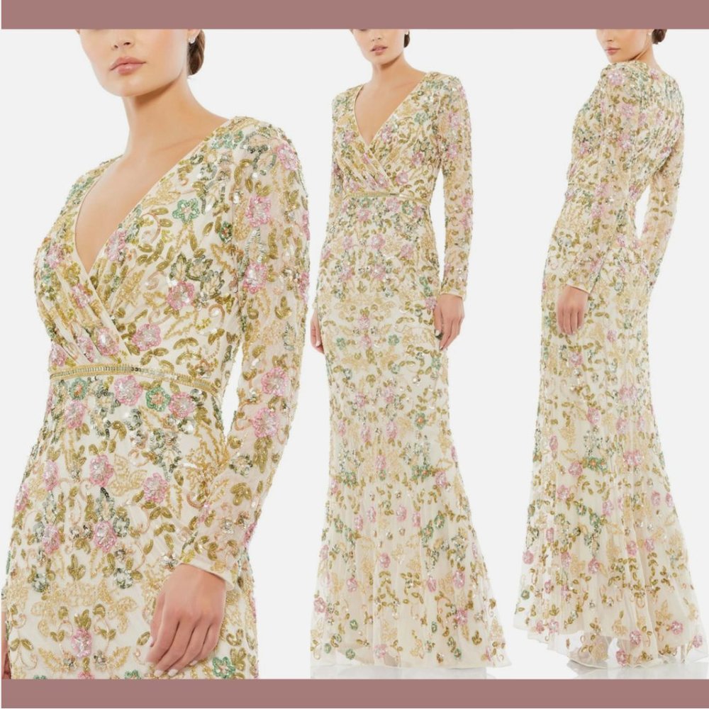 NWT $698 Mac Duggal [ 4 ] Long Sleeve Floral Embellished Gown in Nude Mult #Q633